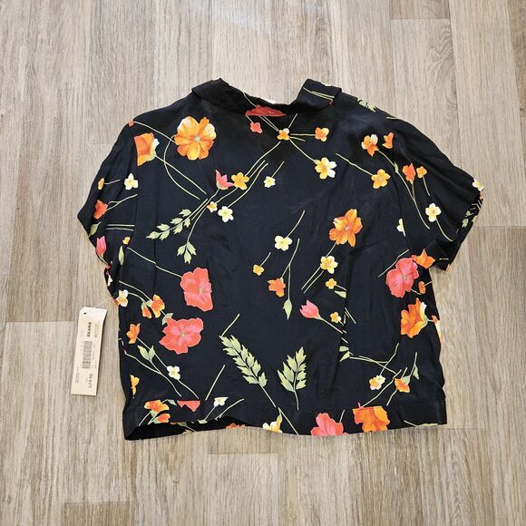 Vtg Apostrophe Floral Blouse Womens L Black Multi Cropped Boho Tropical NEW - Picture 5 of 9